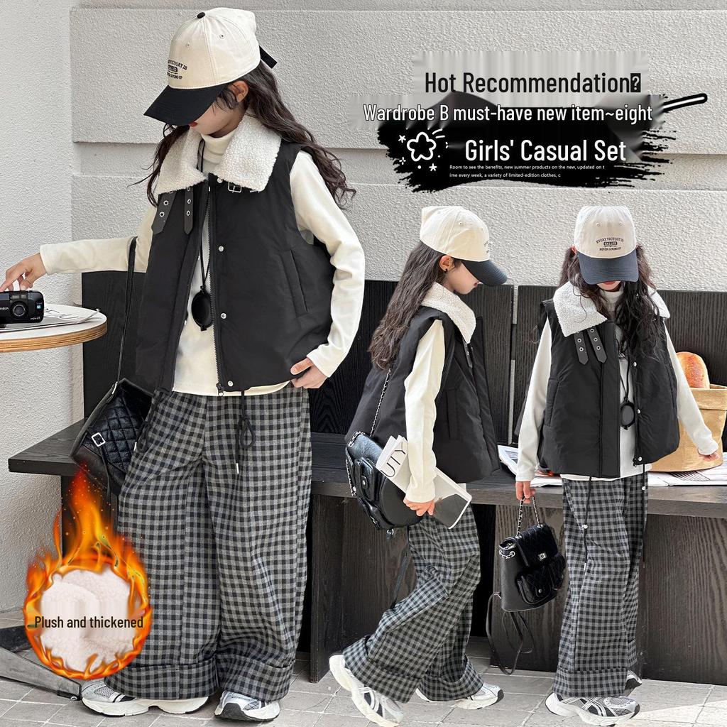 Ensemble Gilet en Coton d'Hiver 2025 pour Filles et Pantalon à Carreaux Doublé Polaire