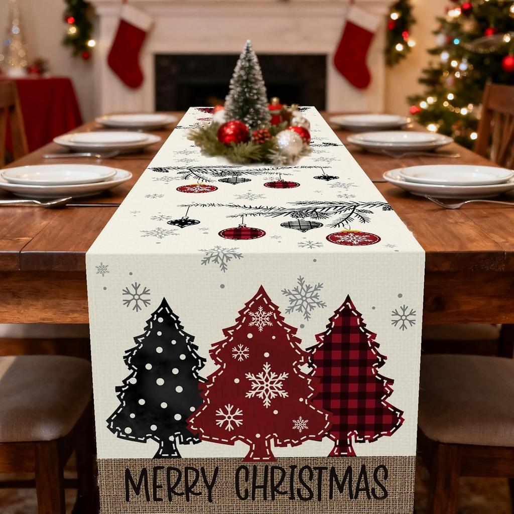 72 X 13 Inch Christmas Table Runner – Red and Black Plaid Christmas Tree and Ornament Holiday Table Decoration with Snowflakes for Dining Room,