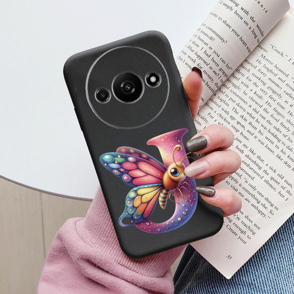 Handyhülle für Xiaomi Redmi A3 4G A3x Rosa Buchstabe Blume Schmetterling Stoßfest Weiches Silikon Cover Kameraschutz TPU Fundas