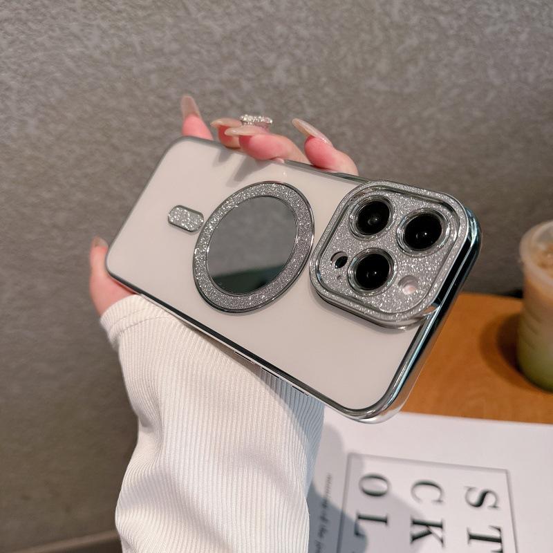 New Apple 16 mobile phone case iPhone15promax electroplated flash diamond lens 14 mirror glitter magnetic suction soft cover