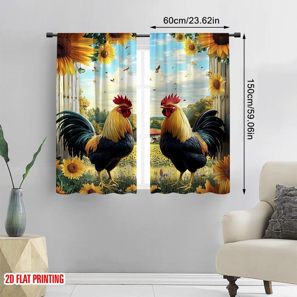 2Pcs Farmhouse Style Curtains Chicken And Sunflower Print Rod Pocket Window Treatments Rustic Drapes Design For Privacy