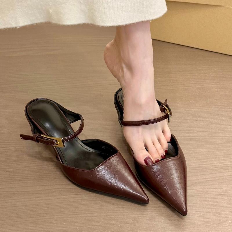 Fashion Women Heeled Slippers Pointed Toe Mid Heels Shoes Designer Elegant Pumps 2025 New Fashion Brand Summer Buckle Zapatillas Mujer