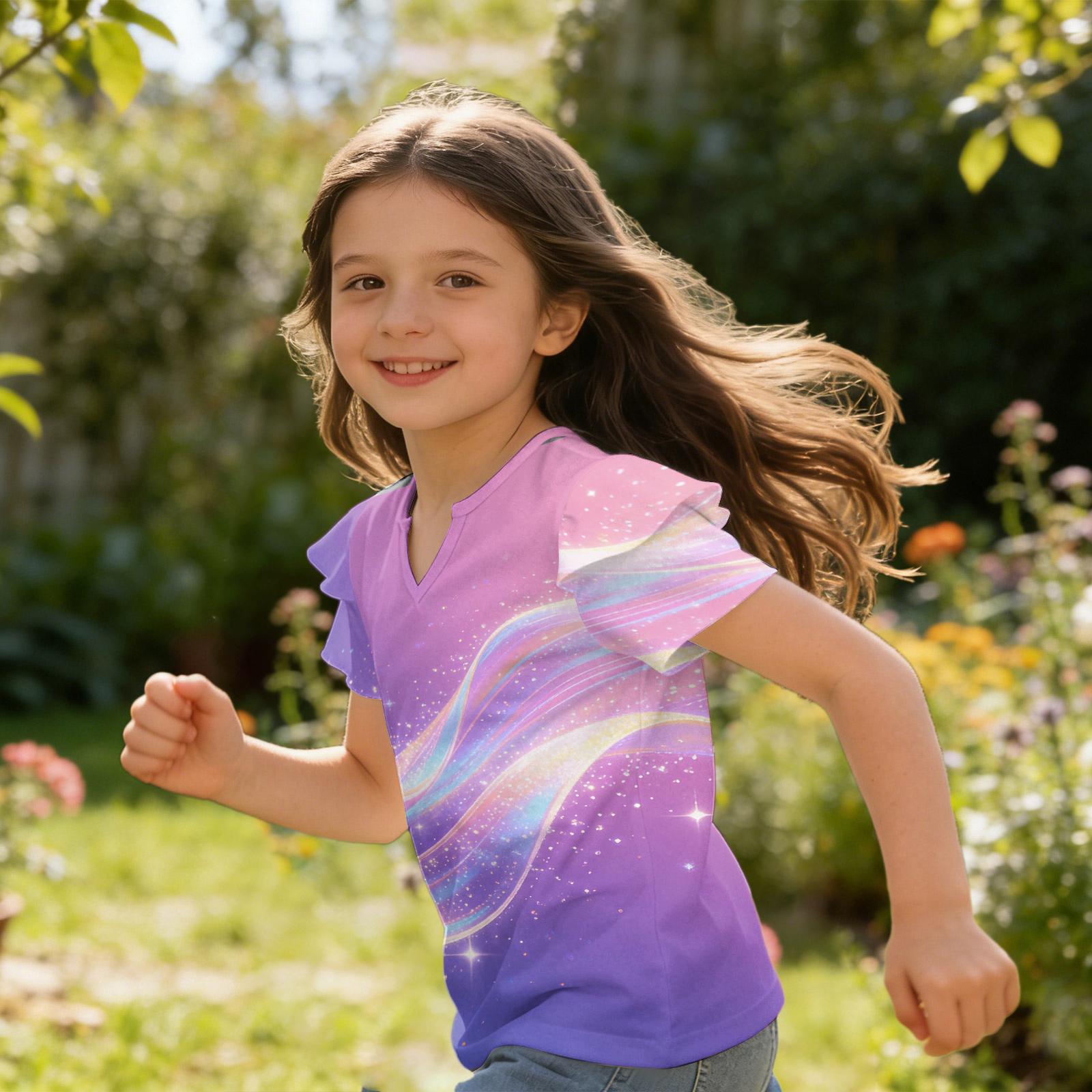 

Girls V-Neck Ruffle Tee - Short Sleeve Summer Blouse 160 фіолетовий