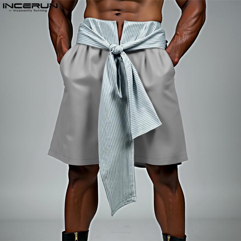 INCERUN Men Belt Lace-up Elastic Waist Striped Casual Loose Half Pants