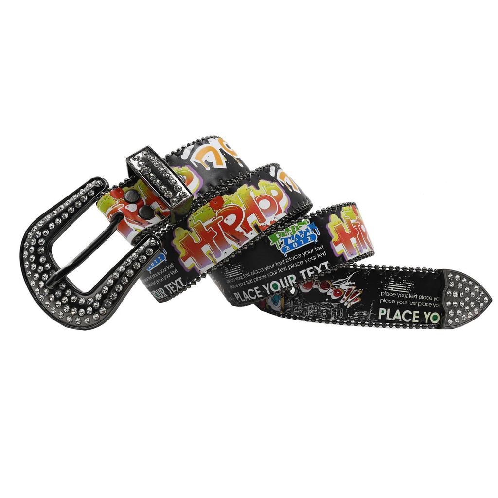 Bohemian Graffiti Rhinestone Leather Belt - Casual & Versatile European-American Style