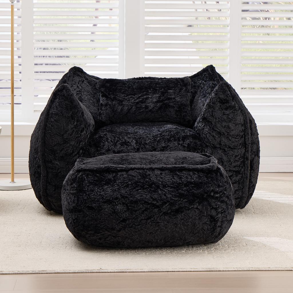 Giant Bean Bag Chair for Adults &Kids Faux Fur Sofa Chairs with Pillow &Ottoman, Comfy Reading & Gaming Beanbag Couch for Bedroom Living Room, Black