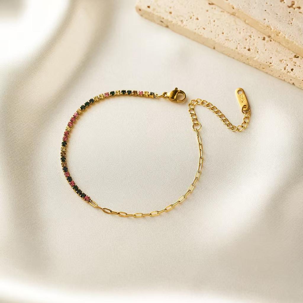 Luxury Exquisite Geometric Square Colored Zircon Stainless Steel Paperclip Chain Bracelets for Women Trend Jewelry Does Not Fade