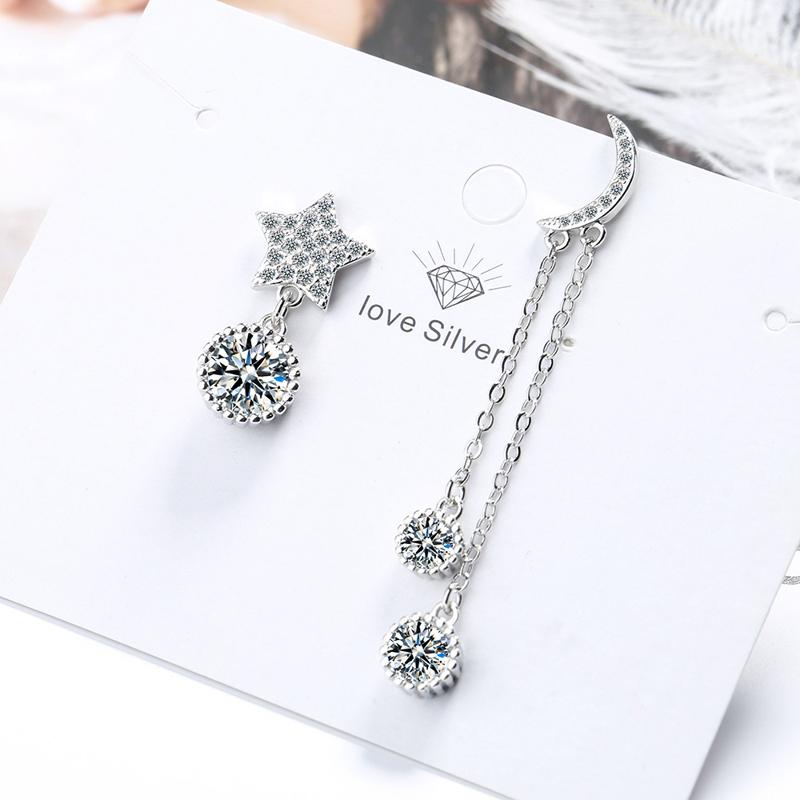 New Fashion Star&Moon Asymmetry Round Rhinestone Drop Earrings Women 925 Silver Jewelry Zircon Long Pendant Ear Stud