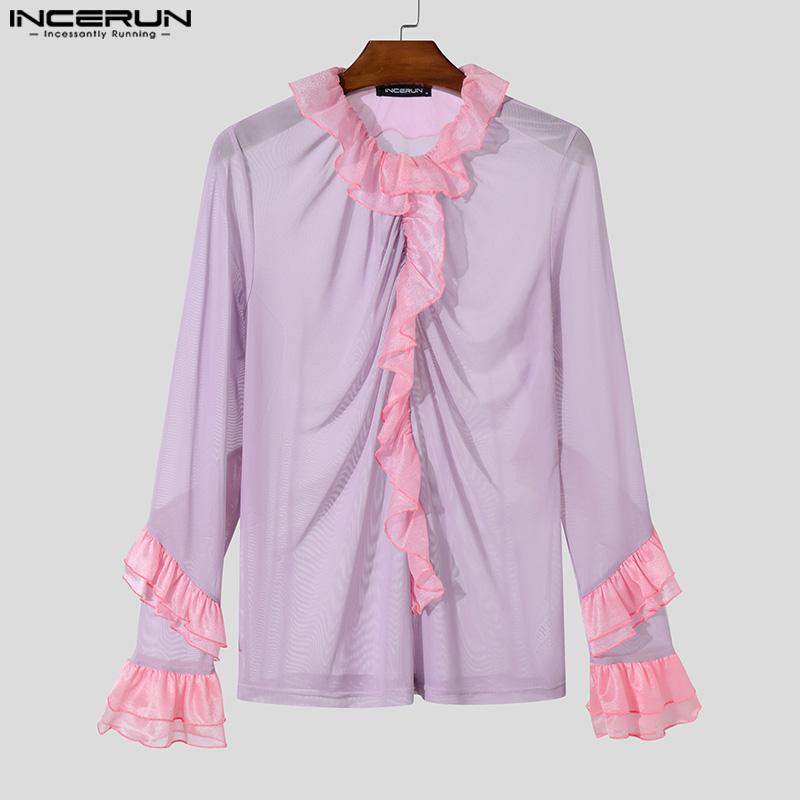INCERUN Men Long Sleeve Ruffled Hem See Through Tops Party Mesh Shirts