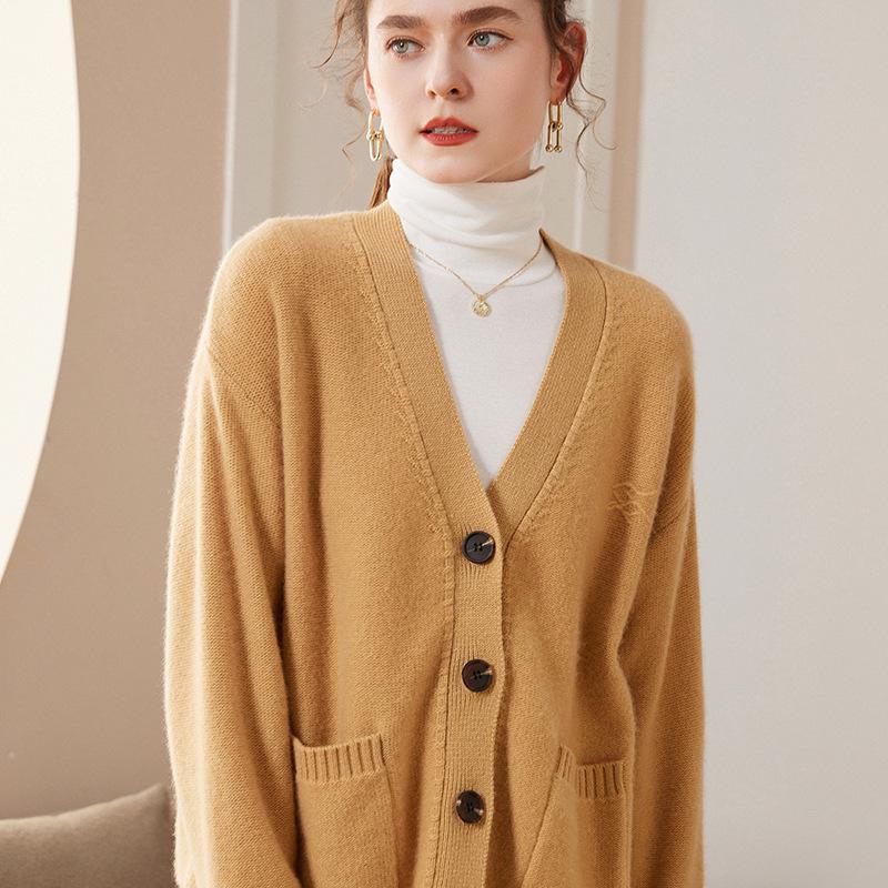 Women's American Style Loose Knit V-neck Cardigan - Casual Spring/Autumn Long Sleeve Outerwear