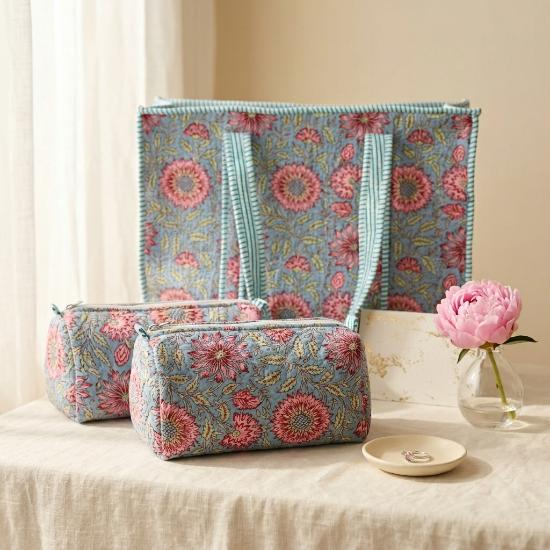 Women Bag Set Usalover925 Blue Quilted Cotton Floral Print Women Bag Set 01