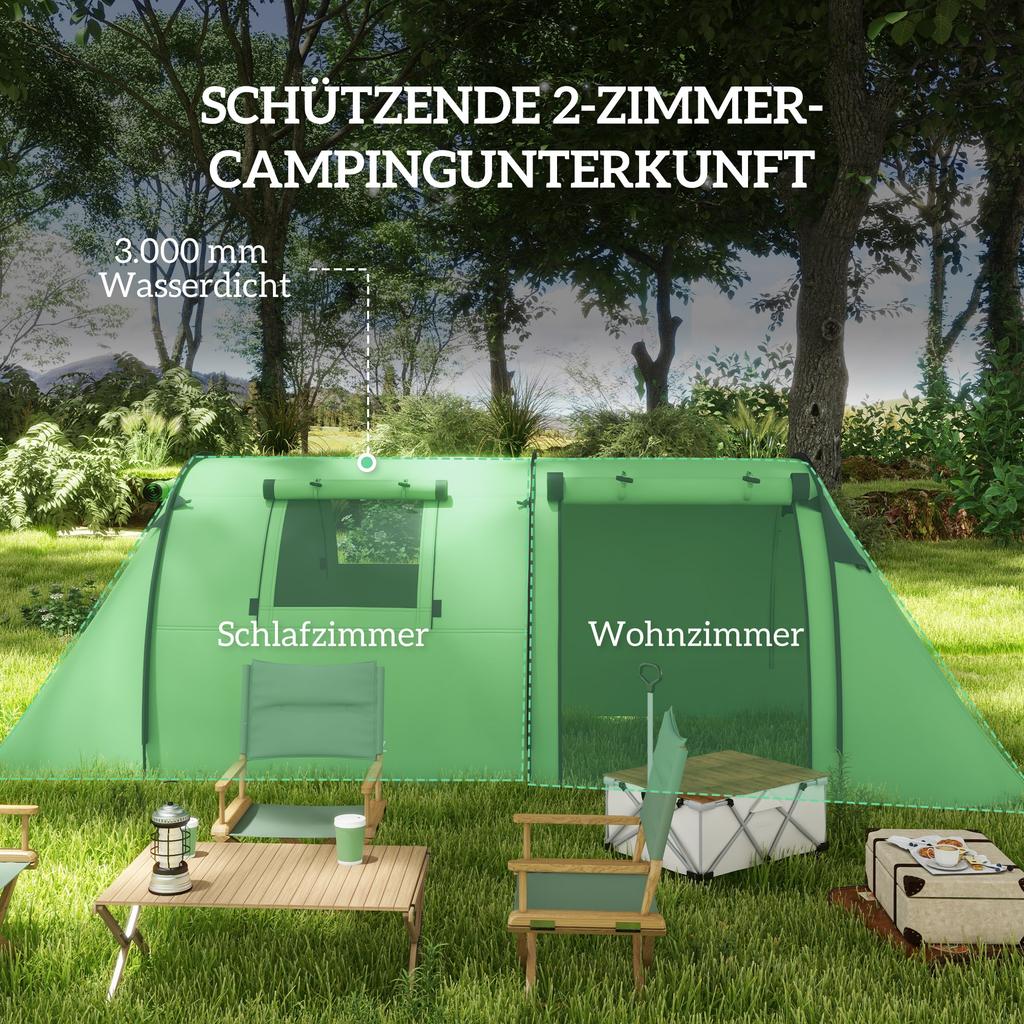 Four Man Duo Room Tunnel Tent, with Accessories - Green