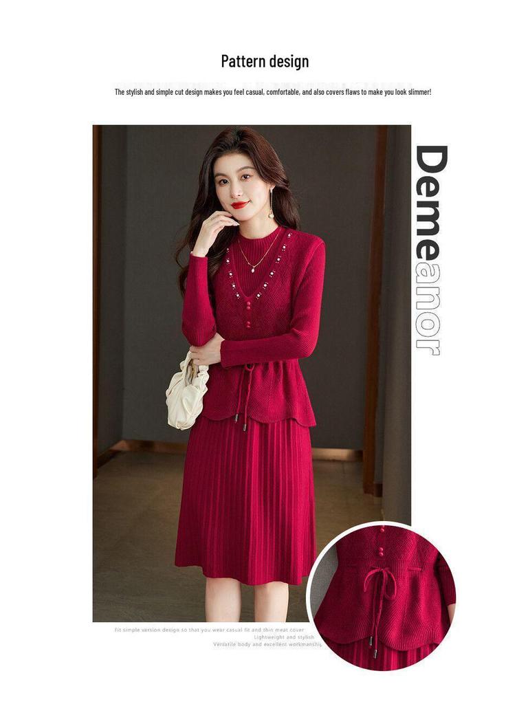Two-Piece Knit Vest & Dress Set: Mid-Length, Slim-Fit, Autumn/Winter Fashion