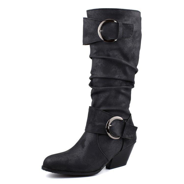Autumn and winter new wind leather high boots medium heel but knee thick heel knight boots large size boots women