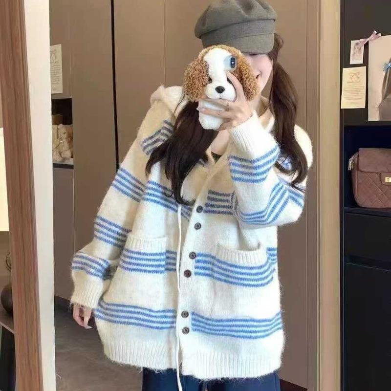 Lazy wind women's top contrasting striped long-sleeved sweater jacket women's autumn loose hooded knitted cardigan