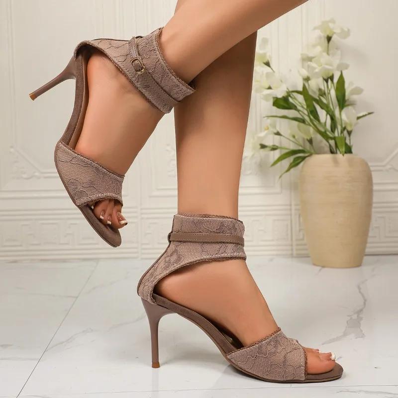 Fashion Women's Outward Wear Summer New Lace Hollow High Heels Fashion Stiletto Sexy One-word Belt Open-toe Non-slip Sandals