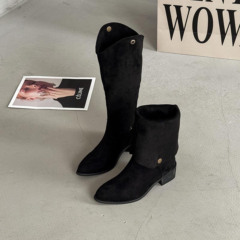 Ретро двухсторонние западные джинсовые длинные рыцарские сапоги женские 2025 осень и зима новые универсальные, но до колена челси 42 чёрный