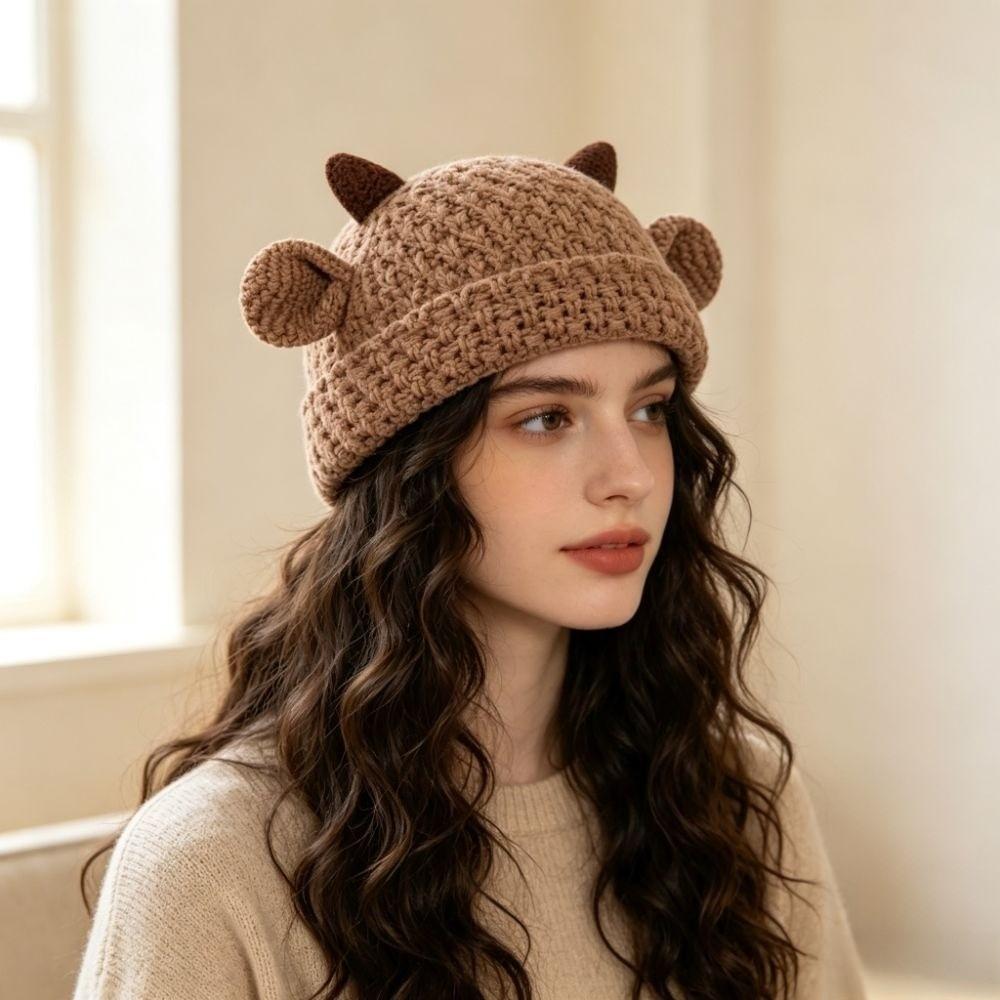 Solid Color Pullover Hat Cute Ear Women's Hat Cute Horn Ear Knitted Hat Autumn