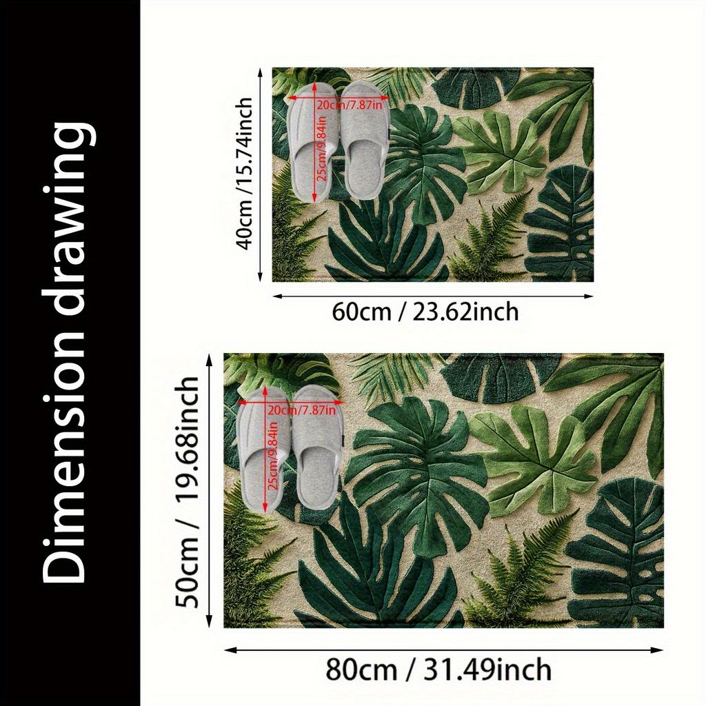 1 Tropical Green Plant Pattern Rectangular Bath Mat- Machine Washable Polyester Non-Slip Backing Soft Plush Texture for Bathroom