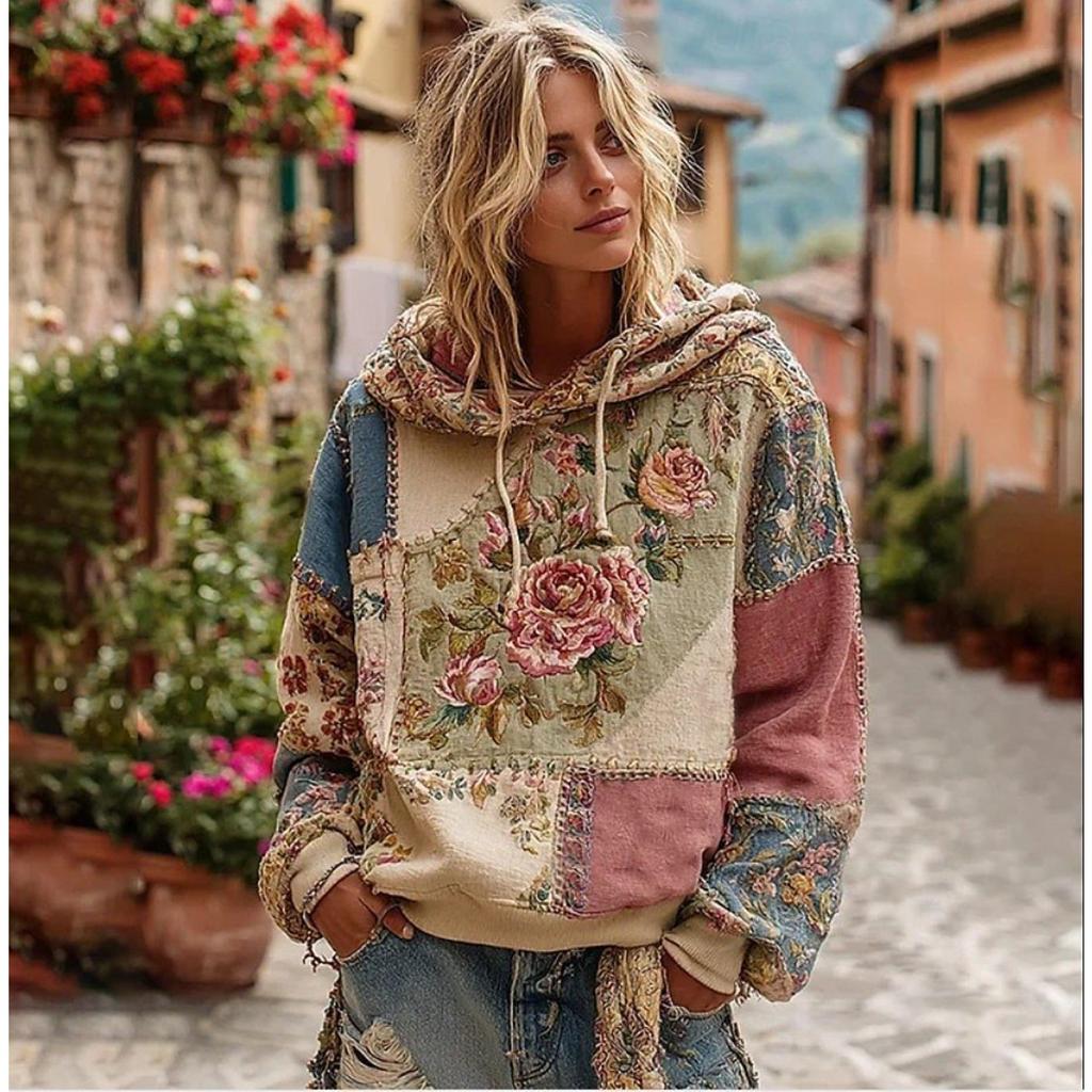 Women's Hooded Long Sleeve Printed Sweatshirt Loose Fit Casual Pullover Top