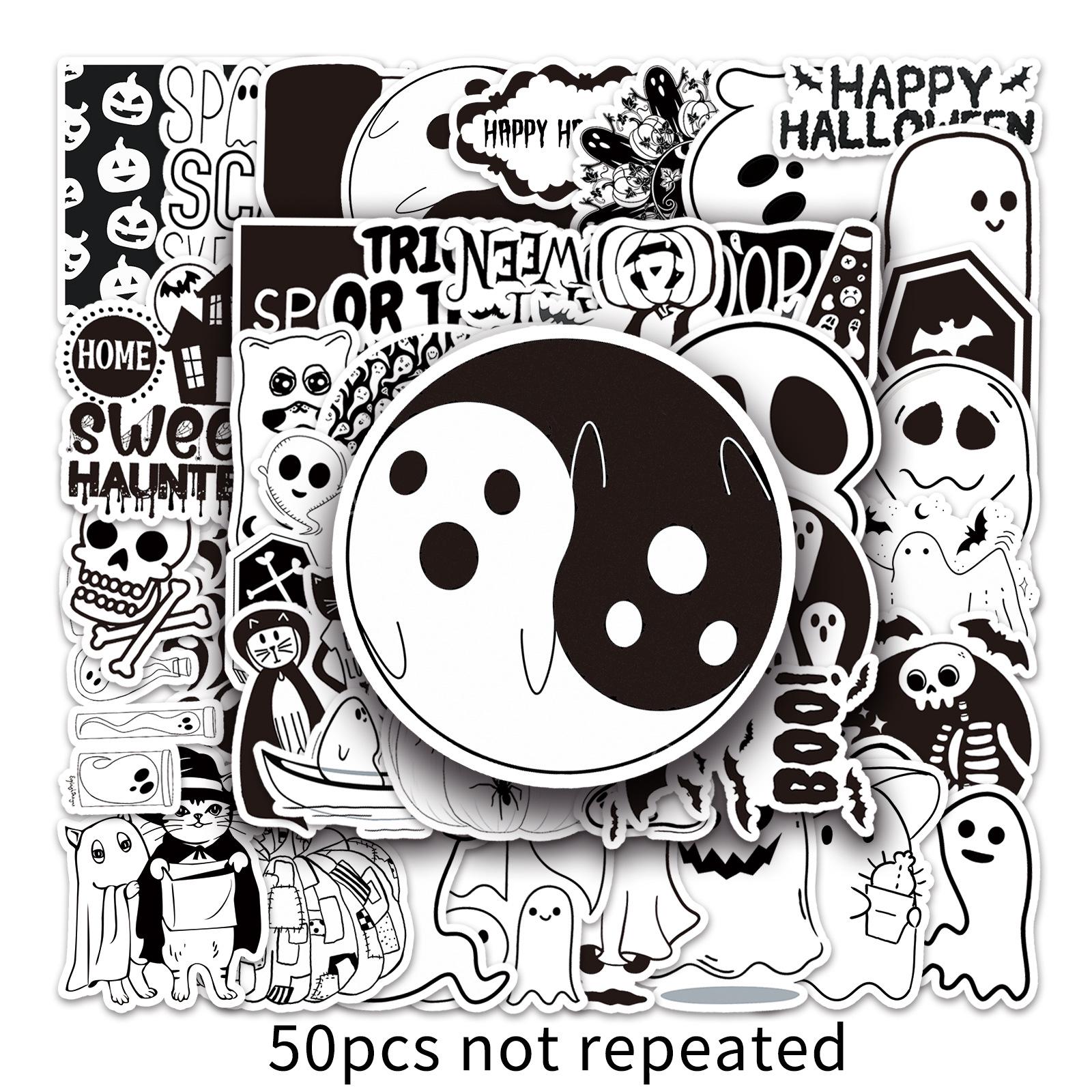 50-Piece Waterproof Black & White Halloween Cartoon Stickers for DIY Phone Cases & Luggage