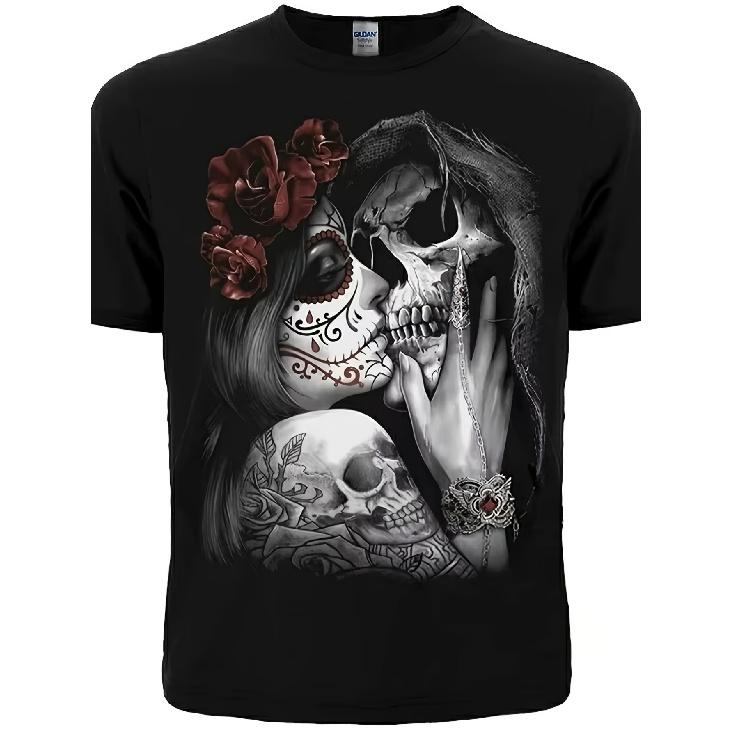 Men's Black Short Sleeve T-Shirt with Day of the Dead Sugar Skull & Rose Graphic, Soft Cotton Blend, Crew Neck, Gothic Art Style for Casual Wear