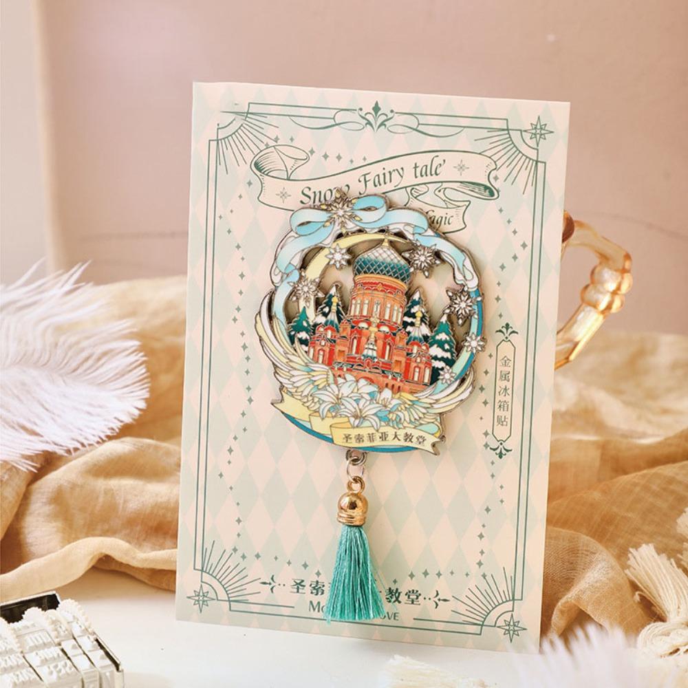 Creative Metal Fridge Magnet with Tassel Hollow Landscape Magnetic Stickers Bookmark for Fridge