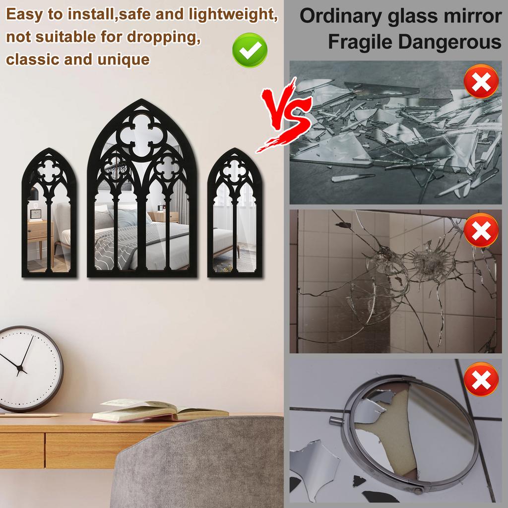 3Pcs Gothic Mirrors Wall Decor Arched Decorative Mirror Wall Mounted Goth Room Decor Vintage Cathedral Window Mirror Indoor