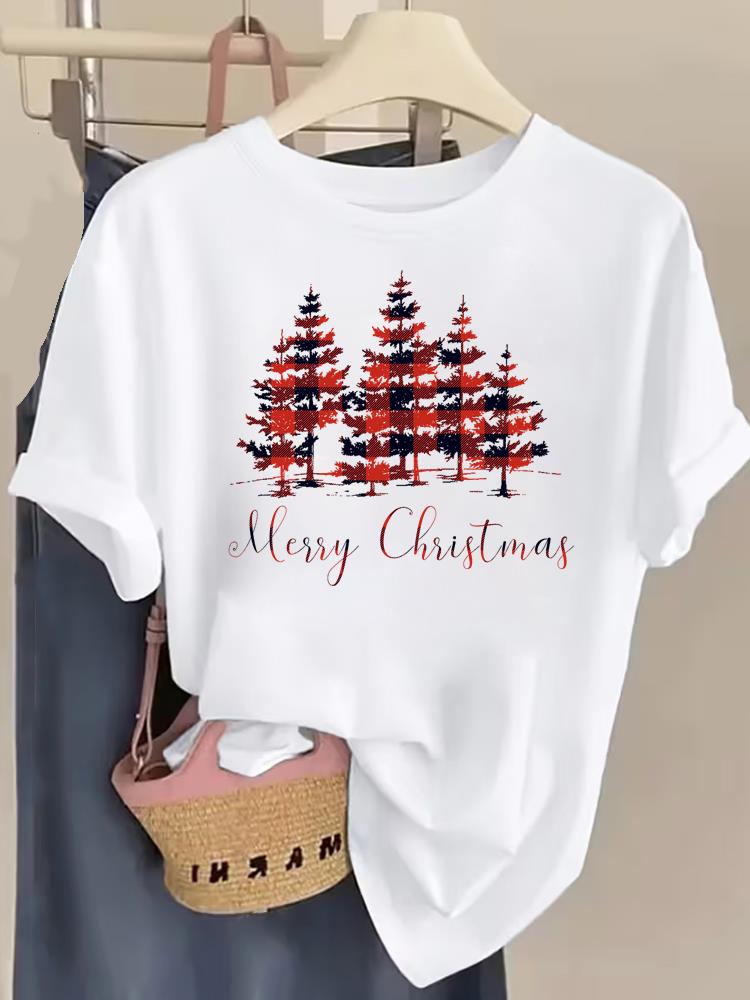 (Asian Size) watercolor tree style Tee Top Christmas Festival New Year Clothing T Shirt Women Fashion Print Female Woman Short Sleeve Graphic T-shirts