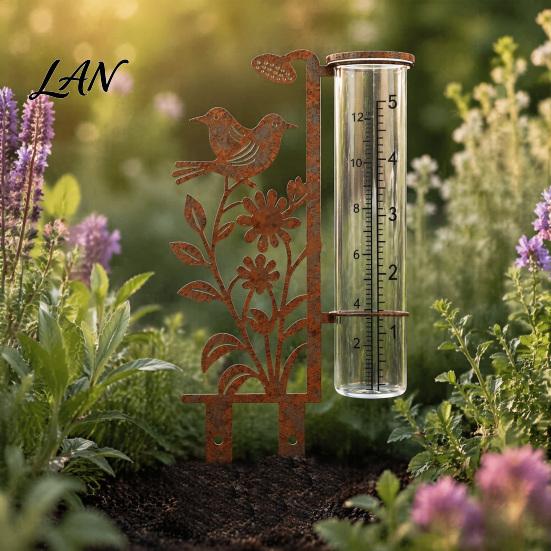 Decorative Bird And Flower Rain Gauge Outdoor, 7.8 Inch Gauges for Measuring Precipitation, Freeze Proof Artistic Metal Gauge, Vintage Garden