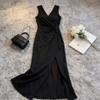 Pure desire sexy v-neck split-ended striped dress women's summer temperament waist thin straps sleeveless long skirt