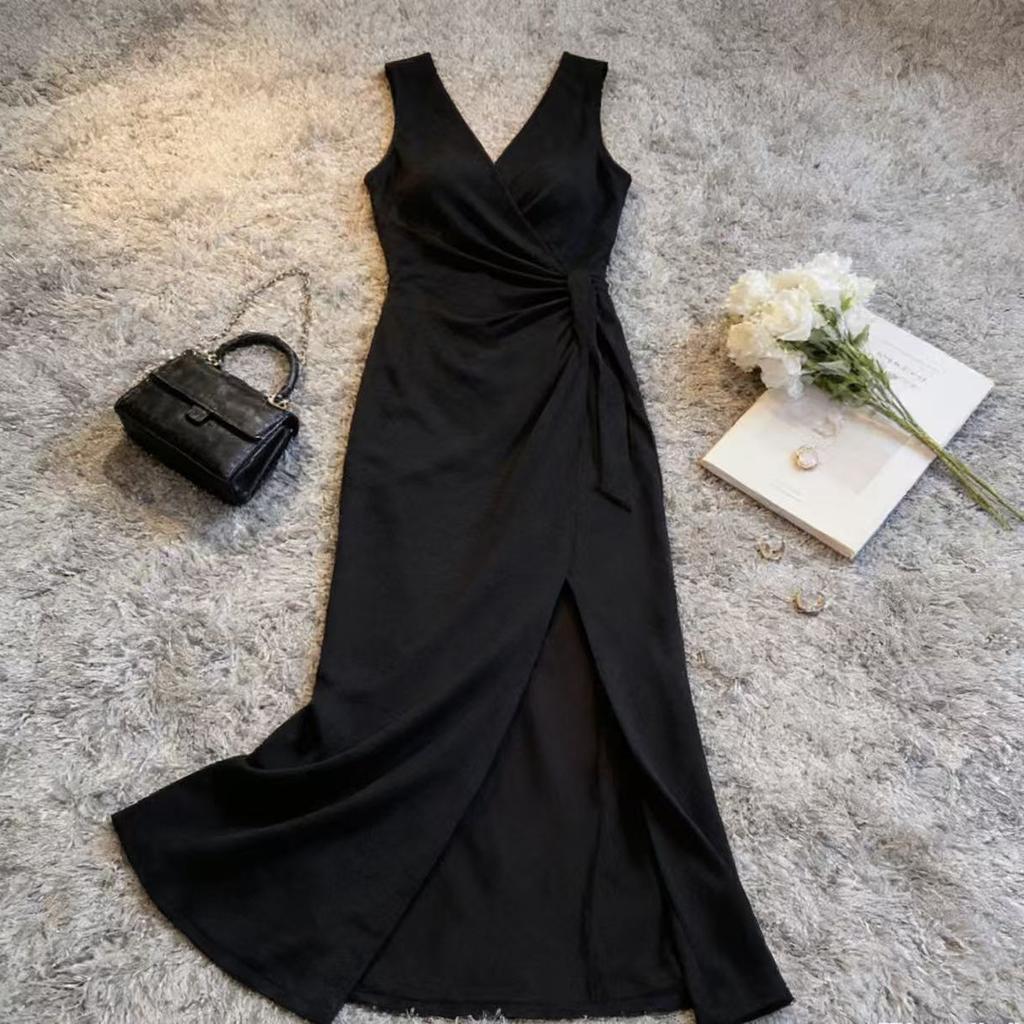 Pure desire sexy v-neck split-ended striped dress women's summer temperament waist thin straps sleeveless long skirt