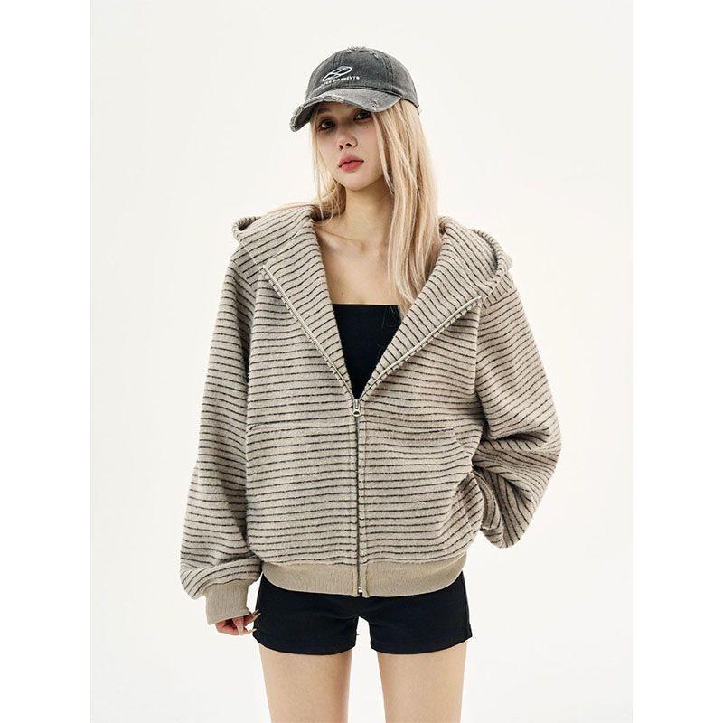 

Женский американский ретро полосатый кардиган с капюшоном - Свободный свитер на молнии для начала осени XL