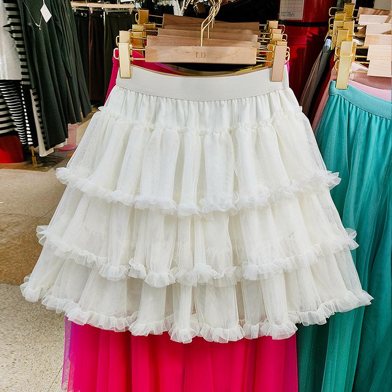 Women's High-Waist Ruffled A-Line Skirt with Mesh Overlay and Safety Lining