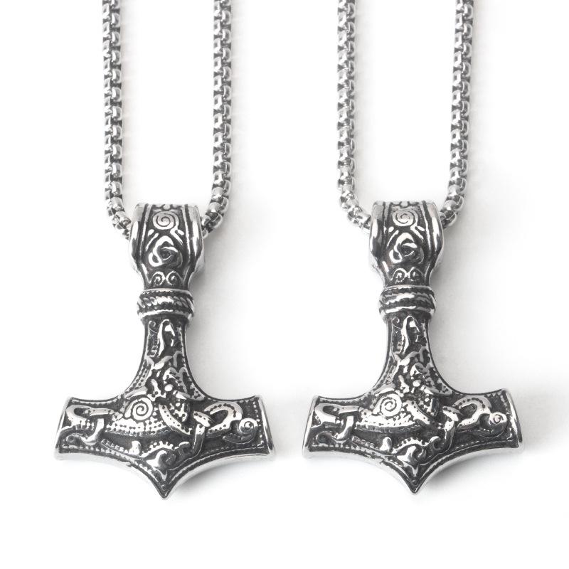 

Engraved Stainless Steel Thor s Hammer Pendant Necklace - Unisex Vintage Punk Hip Hop Rock Style
