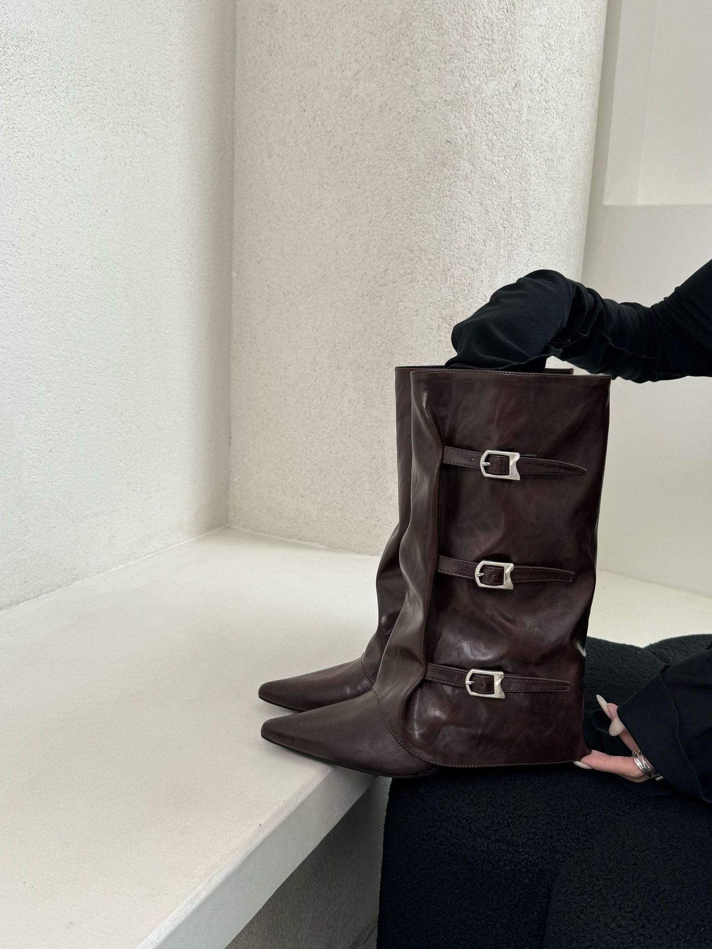 

European and American slope heel high heel high boots women s 2025 new spring and autumn pointed pile solid color long trousers knight boots 39