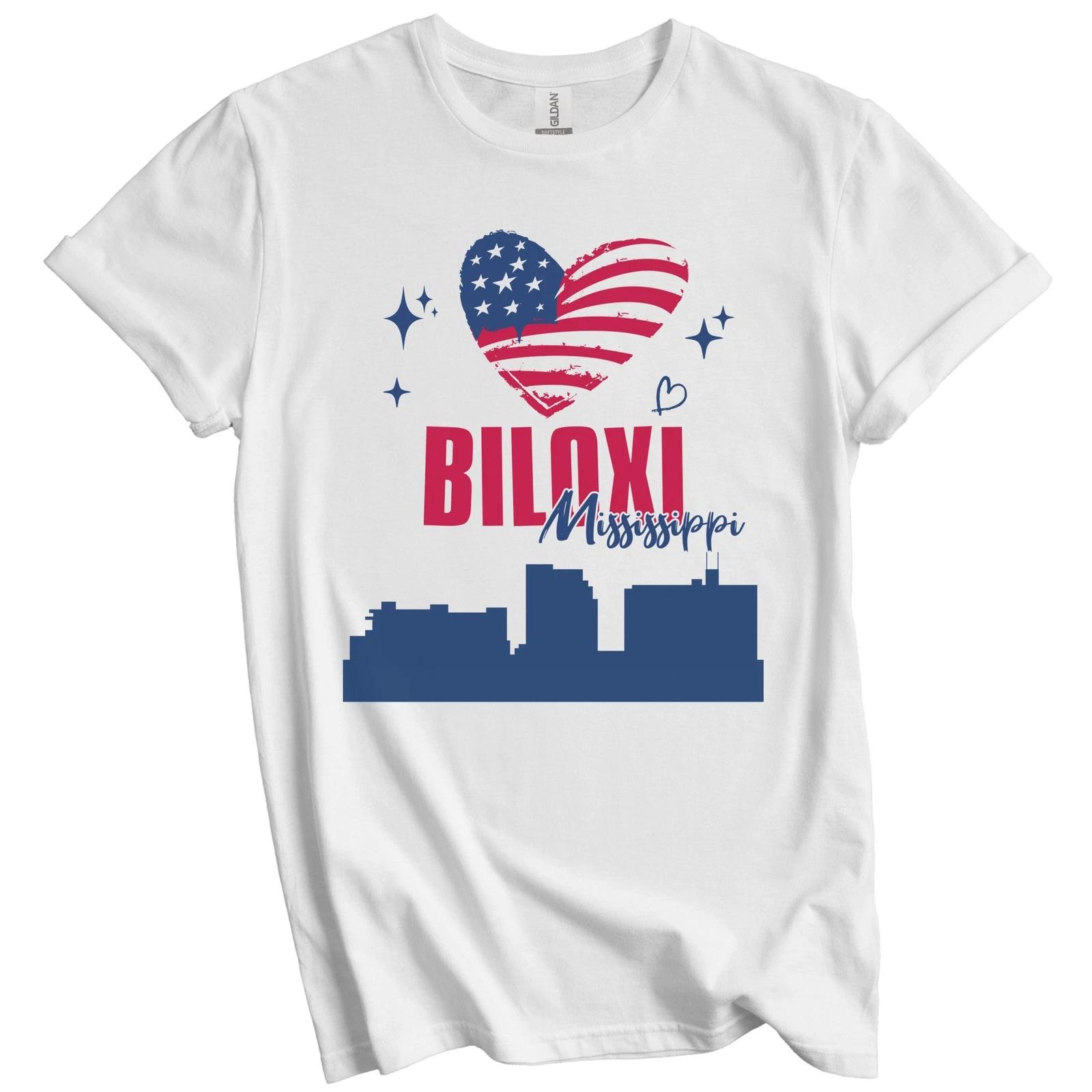 Biloxi Mississippi Skyline American Flag Heart 4th of July T-Shirt XL