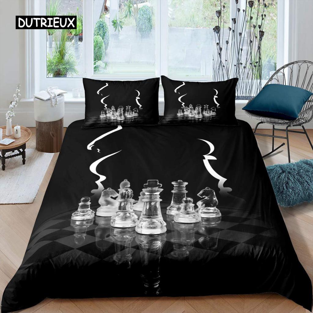 Bettbezug-Set mit internationalem Schachmotiv, Queen-Size-Bettwäscheset für Schachliebhaber, für Kinder und Erwachsene, Mikrofaser, schwarze Basis, 2/3-teiliger Bettbezug