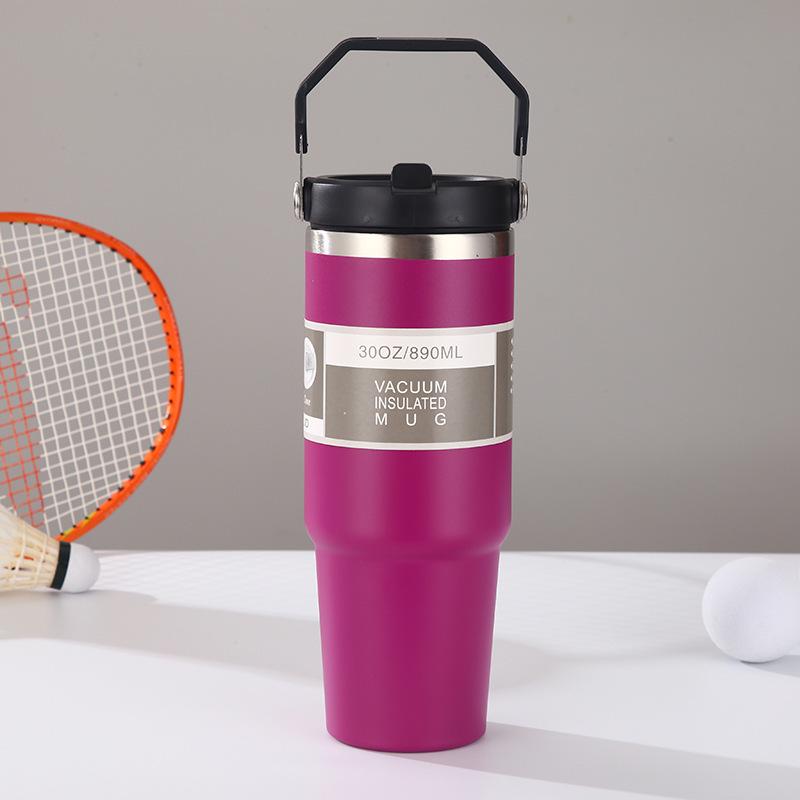 Large Capacity Insulated Stainless Steel Car Cup with Handle and Straw Lid