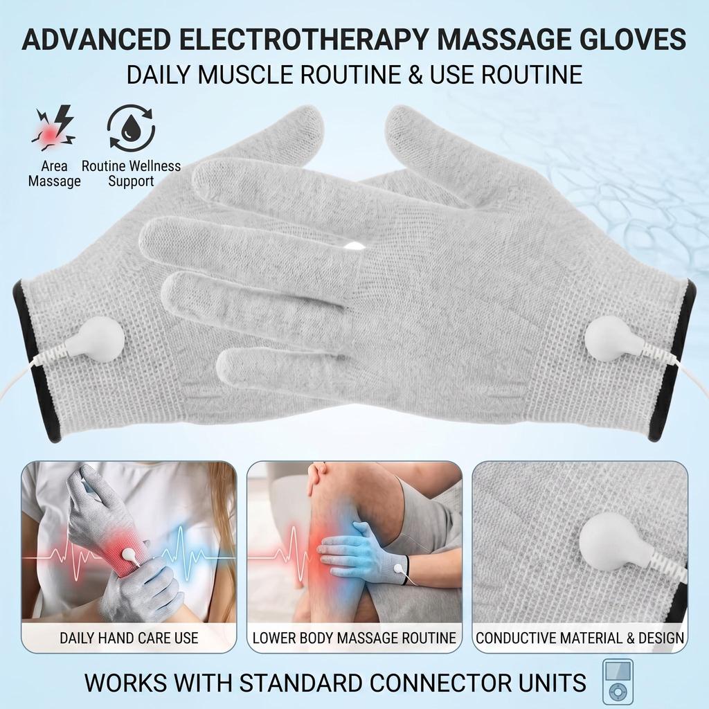 EMS TENS Pulse Massager Unit with Conductive Gloves 9 Intensity 4 Mode Muscle Relaxation Body Wellness Beauty Spa Care Kit