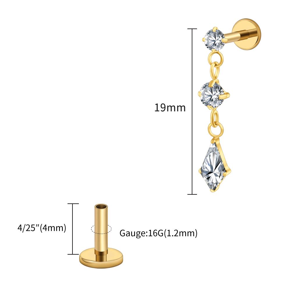 Right Grand ASTM F136 Titanium Dangling CZ Drop Piercing 16G Dangle Chain Kite Shape Cartilage Helix Stud Flat Back Earring
