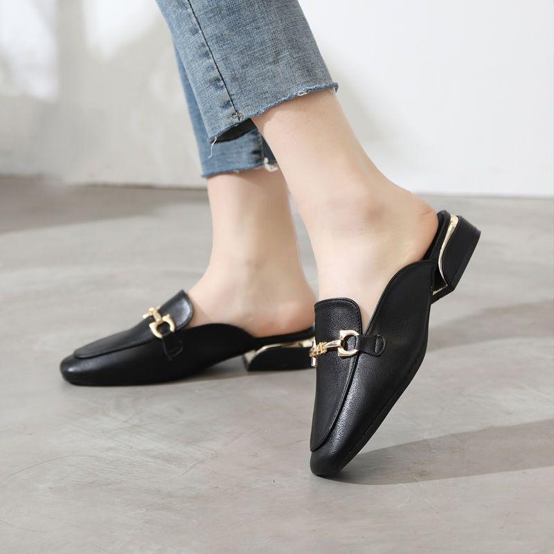 Fashion Black Job Low Heel Outside Leather Mules Nude Color Women's Slippers and Ladies Sandals Slides Shoes Small Size On Offer Trend F