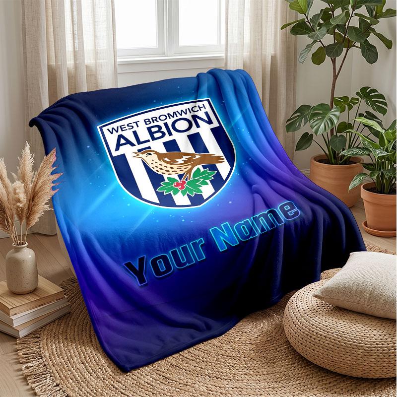 West Bromwich Albion FC Custom Name Text Flannel Blanket Soccer Logo Personalized Fleece Throw Blanket Special Gift For Sofa Bedroom Home