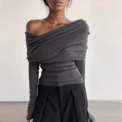 Elegant Fashion Off Shoulder Women Blouse New Female Pile Collar Pleated Knitted Shirt Ladies Office Slim Fit Casual Undershirt Gray Tops Clothes 1531