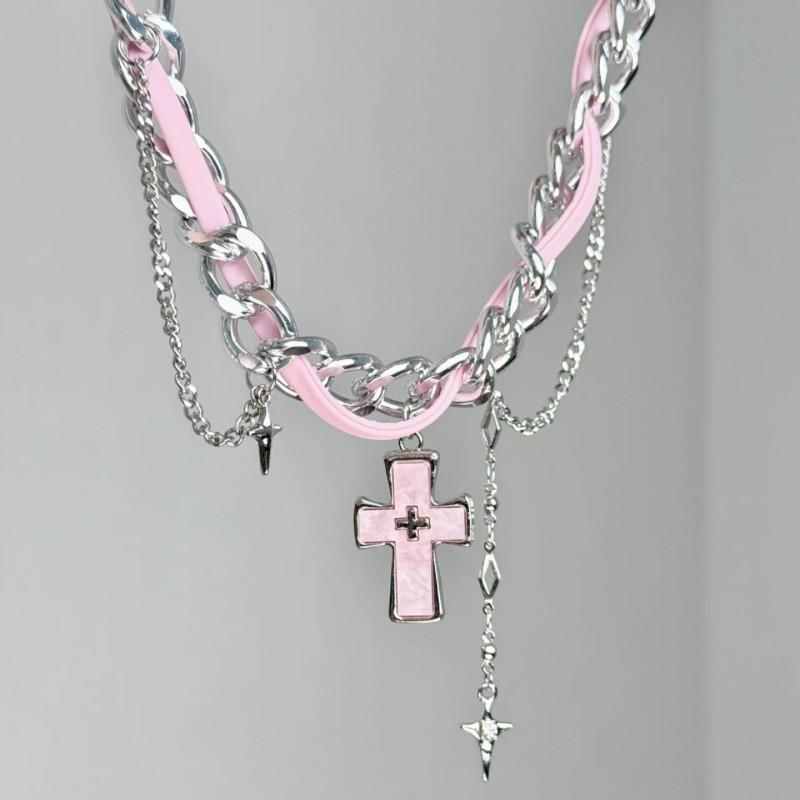 Y2K Gothic Chic Cross Pendant Tassel Choker Necklace Women Alloy Locket Chain Sweet Punk Style