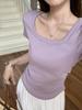 Mashed taro purple pure desire pleated square neck short-sleeved T-shirt women's summer new niche design temperament top