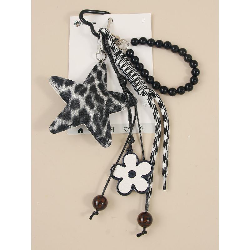 New leopard print five-pointed star pendant accessories fashion beaded flower braided rope bag pendant keychain