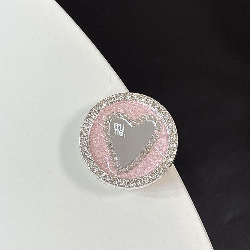 Luxury Mobile Phone Airbag Holder Magnetic Paste Leather Round Rhinestone Heart Mirror High-End Female