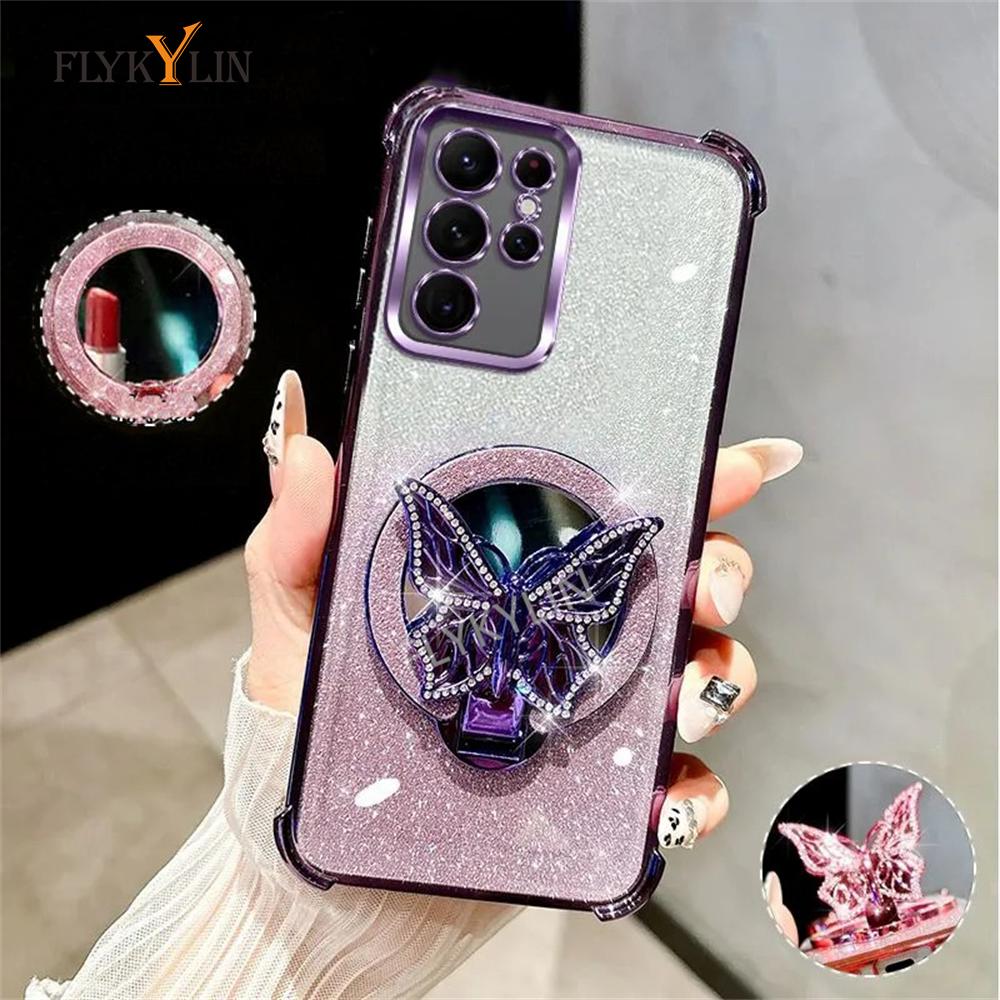 Luxury Plating Butterfly Stand Mirror Phone Case For Samsung A06 A16 A05S A35 A55 A54 A36 A56 Soft Silicone Shockproof Cover