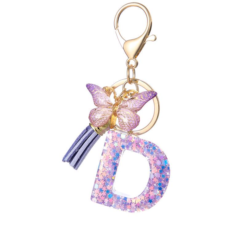 A-Z Alphabet Resin Keychain Purple Butterfly Tassel Pendant Classic Retro Durable Women Bag Accessory Practical Backpack Hanging Charm